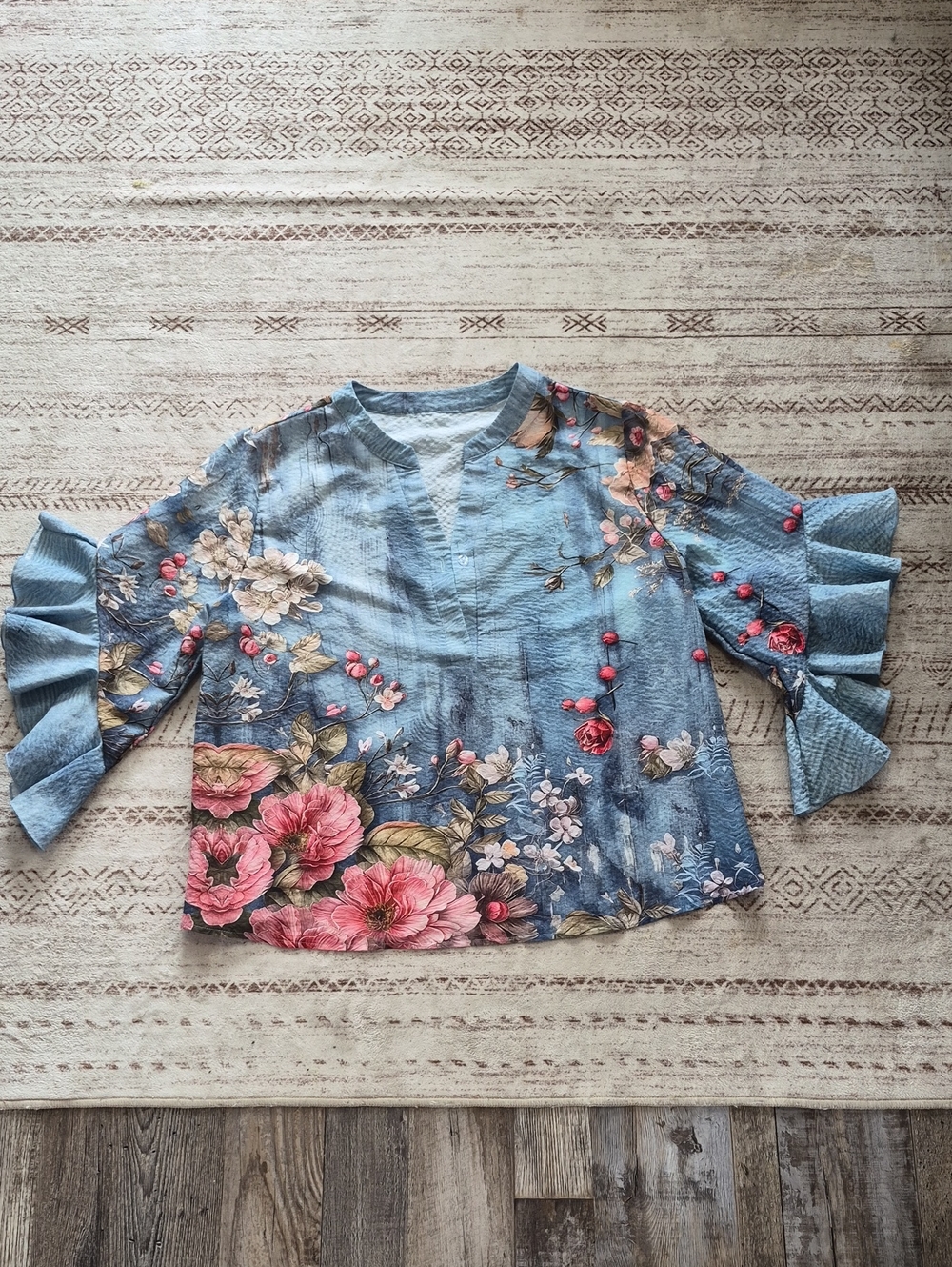 SHEIN Blue Floral Bell-Sleeve Blouse